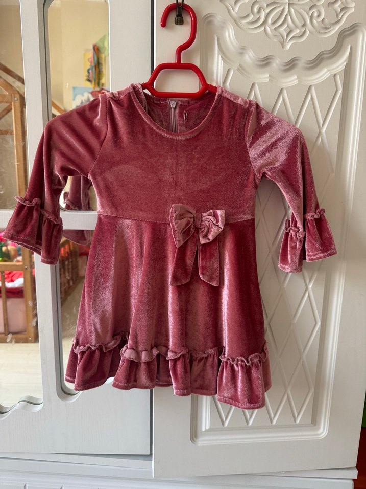 Pembe Kadife Kız Çocuk Elbise - Görsel 2