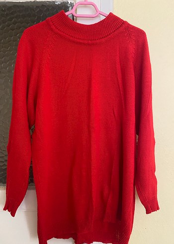 Kadın Kırmızı Yüksek Yakalı Örgü Kazak - Görsel 2