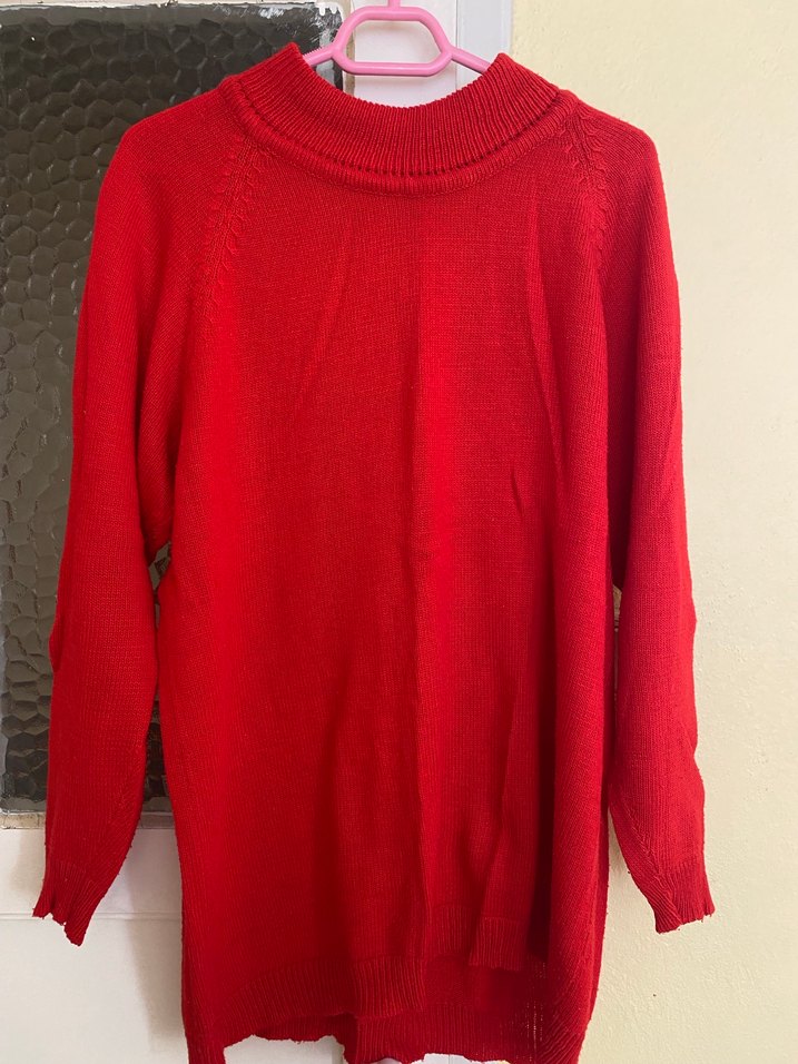 Kadın Kırmızı Yüksek Yakalı Örgü Kazak - Görsel 2