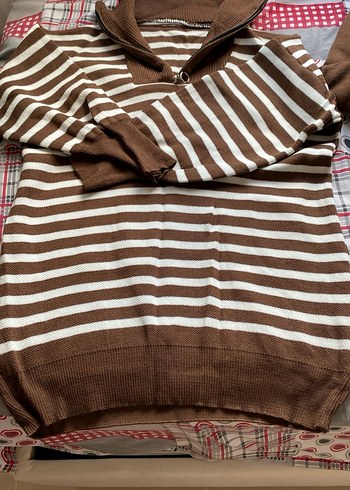 Çizgili Uzun Kollu Kahverengi Triko Kadın Kazak - Görsel 2