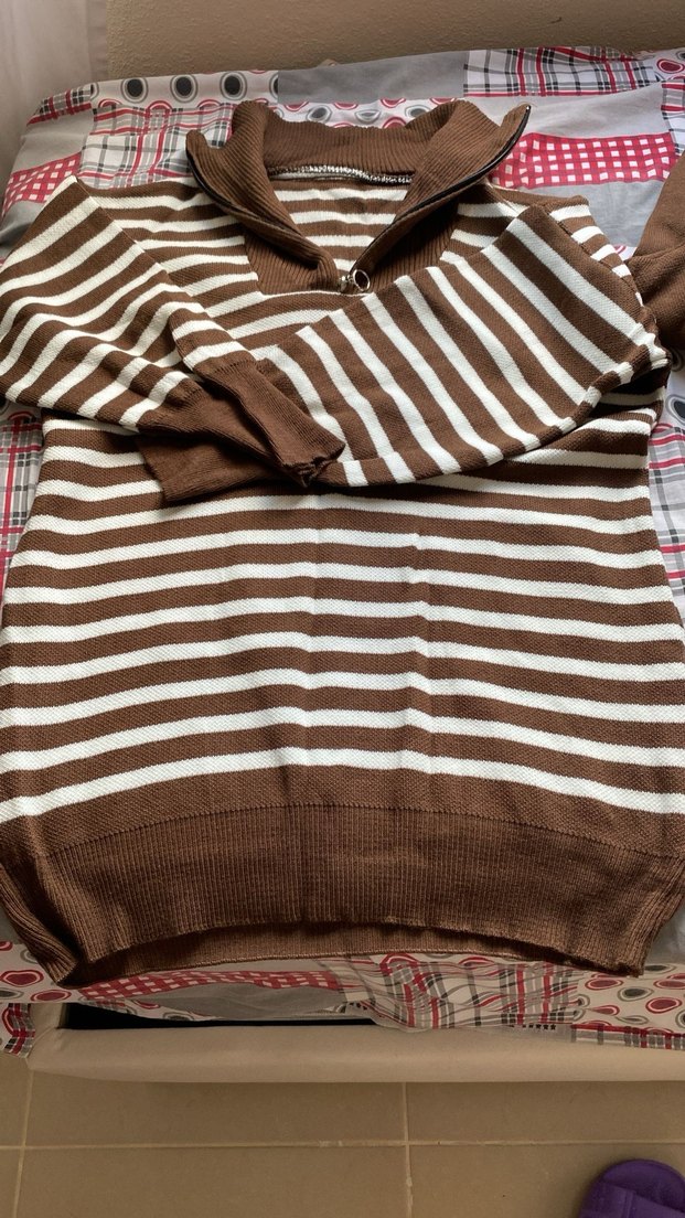 Çizgili Uzun Kollu Kahverengi Triko Kadın Kazak - Görsel 2