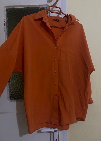 Düğmeli turuncu  Keten Gömlek - Görsel 2