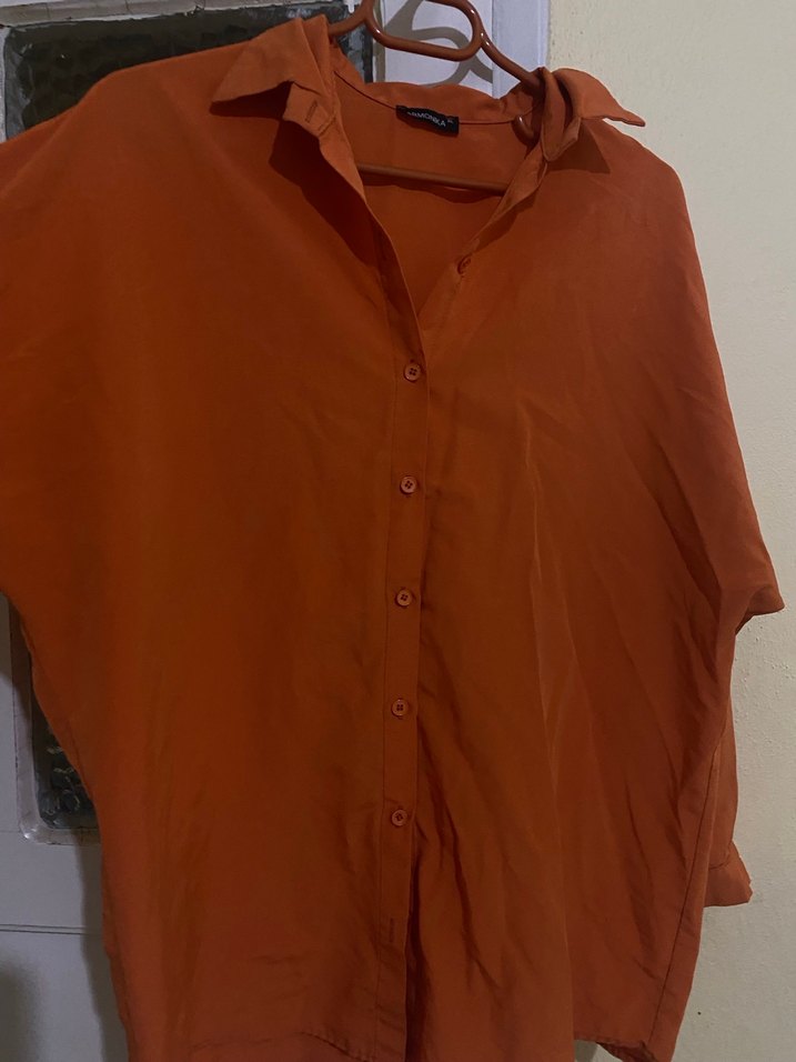 Düğmeli turuncu  Keten Gömlek - Görsel 3