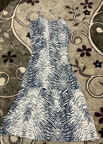 Mavi Beyaz Zebra Desenli Uzun Bohem Elbise - Görsel 2