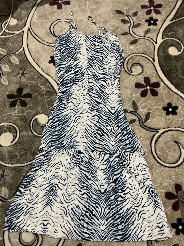 Mavi Beyaz Zebra Desenli Uzun Bohem Elbise - Görsel 2