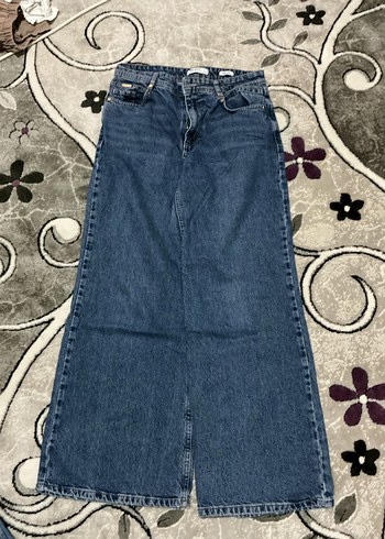 Düğmeli Mavi Bol Kesim Kadın Kot Pantolon - Görsel 2