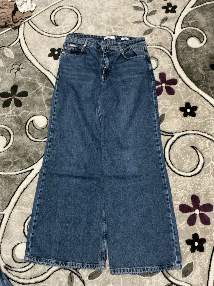 Düğmeli Mavi Bol Kesim Kadın Kot Pantolon - Görsel 2