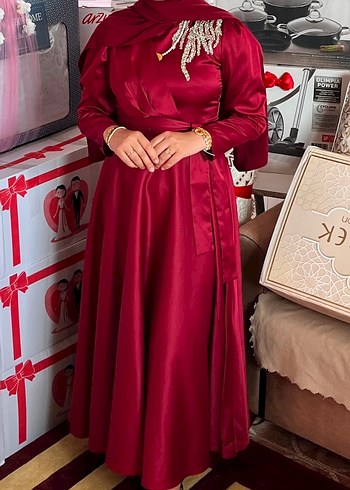 Diğer Bordo Uzun Kollu Drapeli Abiye Elbise
