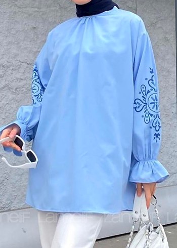 Nakışlı Mavi Bohem tunik