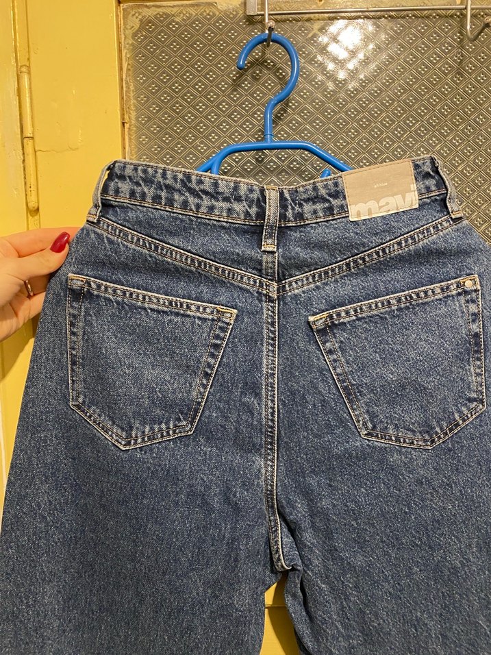 Kadın Mavi Bol Kesim Kemerli Kot Pantolon - Görsel 5