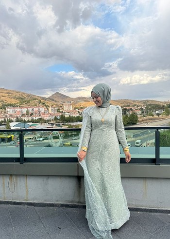 Uzun Kollu Gri Etnik Desenli Abiye Elbise