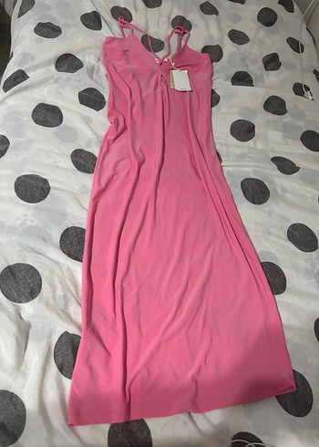 Pembe V Yaka İnce Askılı Uzun Elbise - Görsel 4