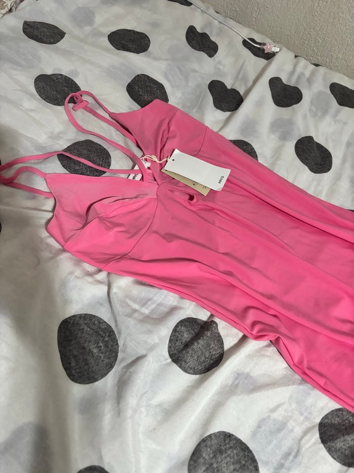 Pembe V Yaka İnce Askılı Uzun Elbise - Görsel 5