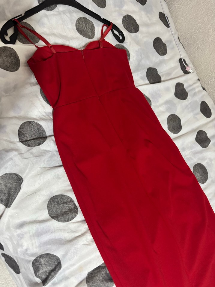 Kırmızı Uzun Straplez Drapeli Elbise - Görsel 3