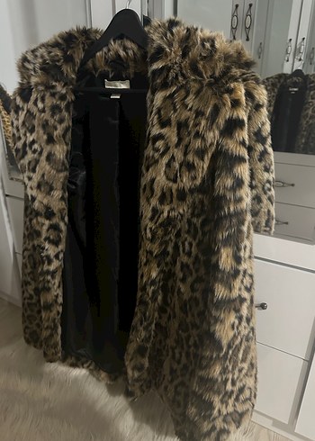 34 Beden kahverengi Renk Leopar Desenli Uzun Kollu Kadın Suni Kürk