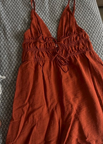 Kırmızı Keten V Yaka Bohem Tulum - Görsel 3