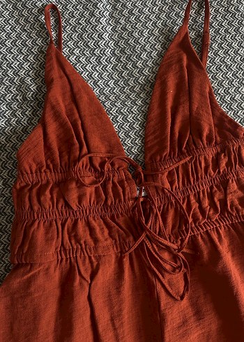 Kırmızı Keten V Yaka Bohem Tulum - Görsel 2