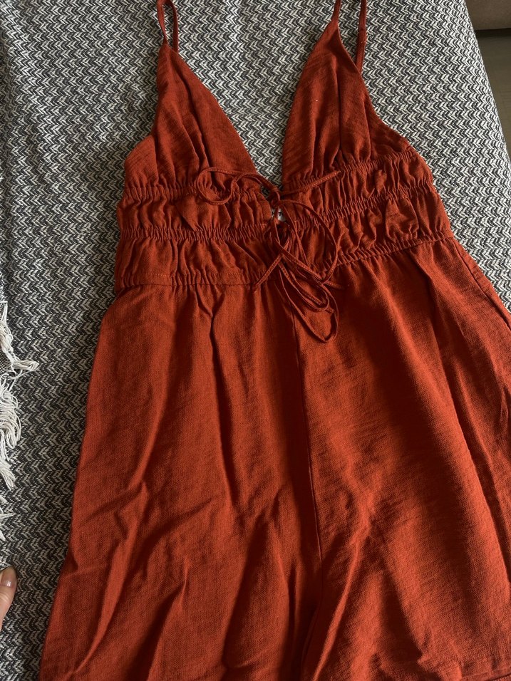 Kırmızı Keten V Yaka Bohem Tulum - Görsel 3