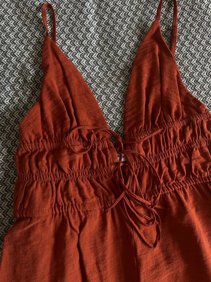 Kırmızı Keten V Yaka Bohem Tulum - Görsel 2