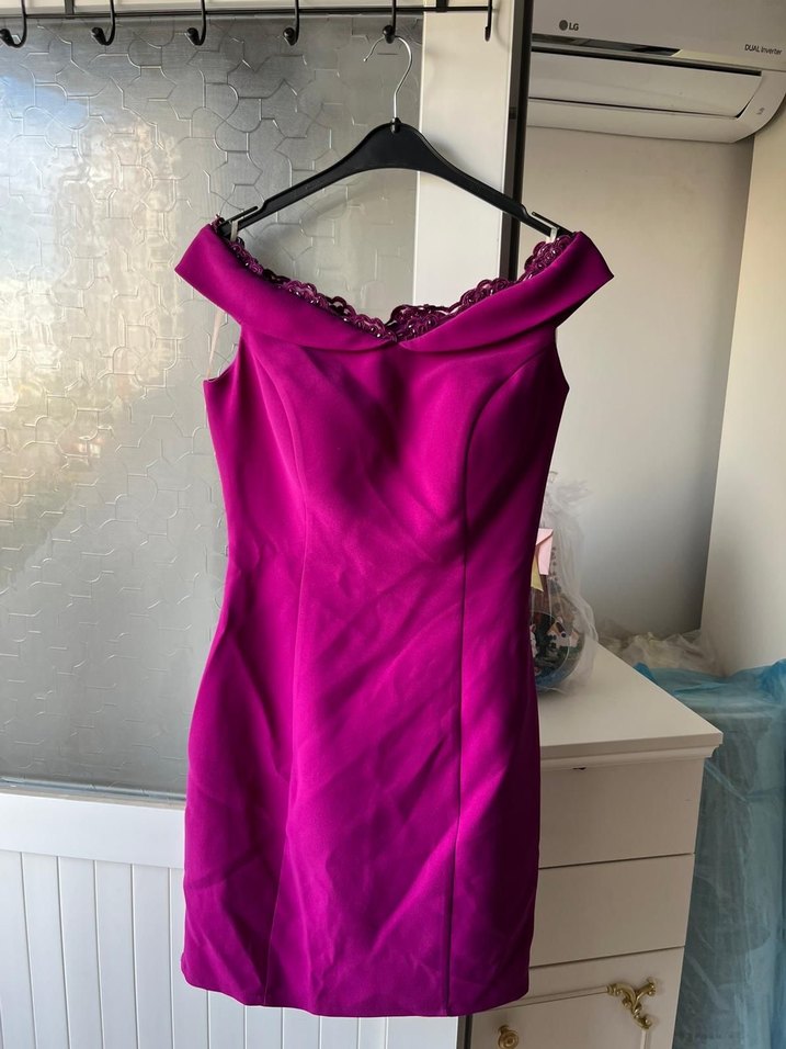 Mor V Yaka Drapeli Midi Elbise - Görsel 2