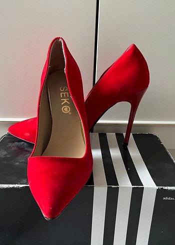 Parlak Kırmızı Süet Stiletto Topuklu - Görsel 3