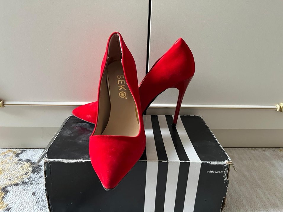 Parlak Kırmızı Süet Stiletto Topuklu - Görsel 3