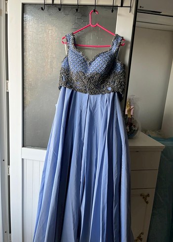 Uzun, Drapeli, Askısız Mavi Kadın Abiye Elbise - Görsel 2