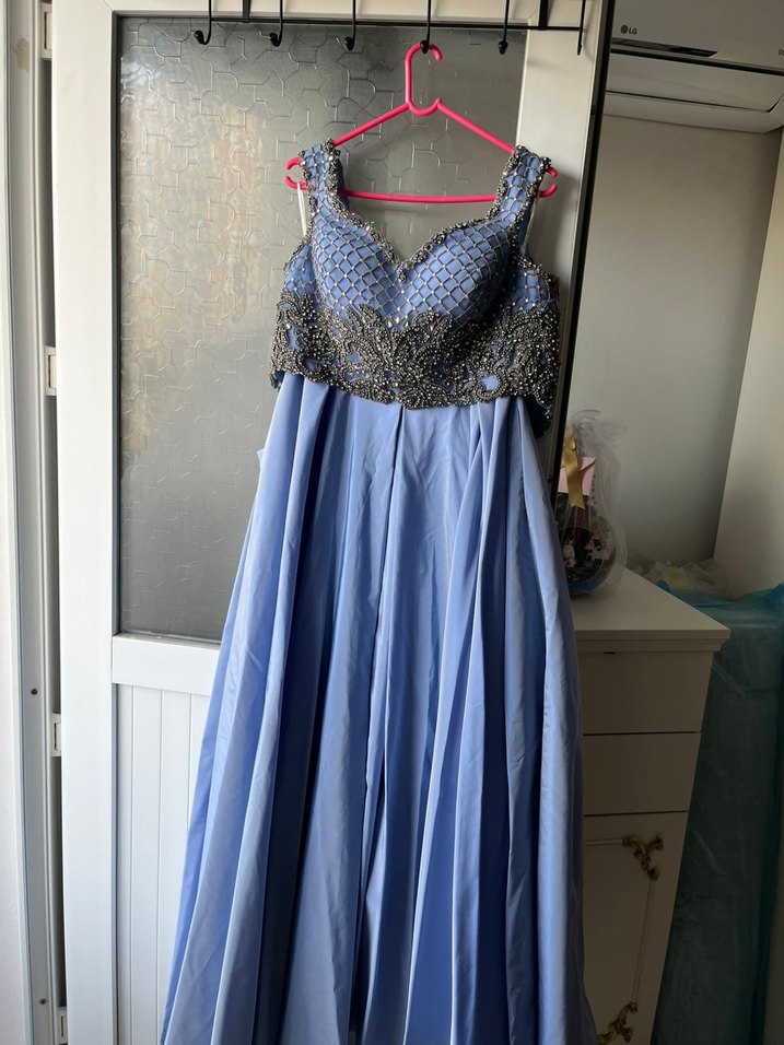 Uzun, Drapeli, Askısız Mavi Kadın Abiye Elbise - Görsel 2