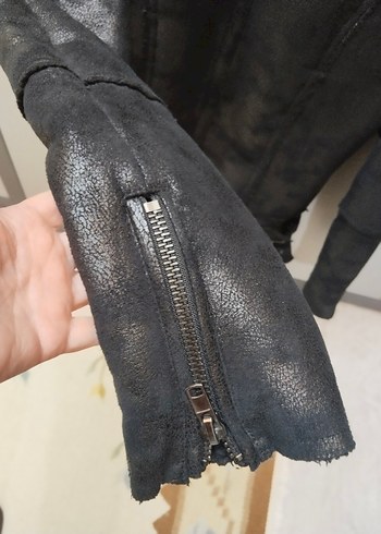 Siyah Deri Kürklü Biker Ceket - Görsel 5