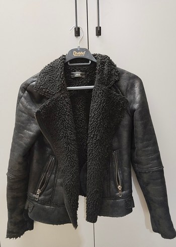 Kürklü Siyah Deri Biker Ceket - Görsel 2