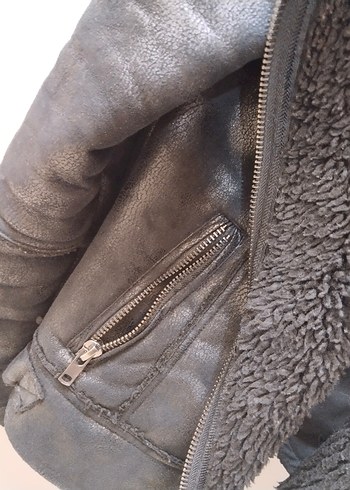 Kürklü Siyah Deri Biker Ceket - Görsel 4