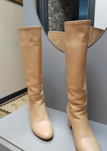 Ten rengi Suni Deri Kadın  Çizme Blok Topuklu - Görsel 2