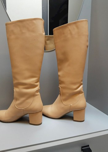 Ten rengi Suni Deri Kadın  Çizme Blok Topuklu - Görsel 3