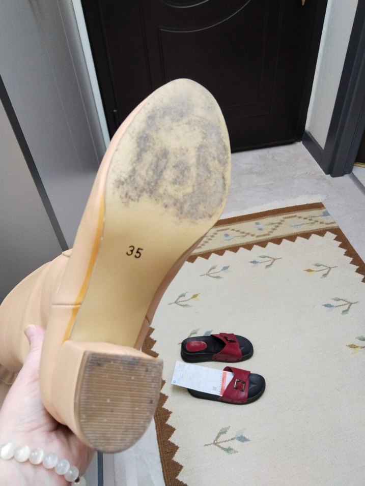 Ten rengi Suni Deri Kadın  Çizme Blok Topuklu - Görsel 5