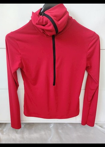 Uzun Kollu Kırmızı Yarım Fermuarlı Sweatshirt