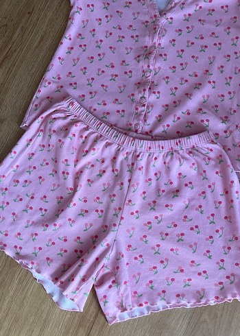 s Beden pembe Renk Desenli Pembe Kısa Kollu Kadın Pijama Takımı