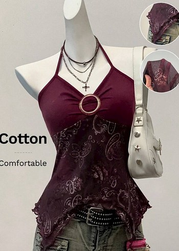 Bordo Halter Yaka Dantel Detaylı Bohem Atlet