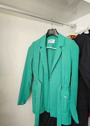 Kemerli Yeşil Keten Kadın Blazer
