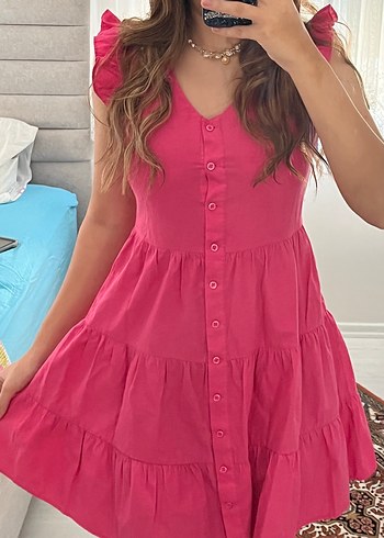 Pembe V Yaka Düğmeli Midi Elbise
