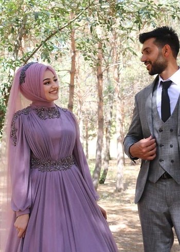 Uzun Mor Tesettür Nişan Elbisesi - Görsel 2