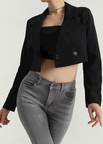 Siyah Kadın Çift Düğmeli Crop Ceket - Görsel 3