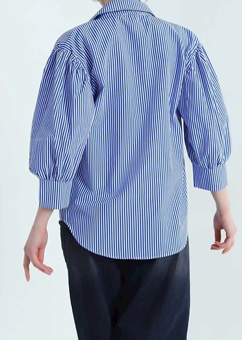 Kadın Mavi Çizgili Balon Kol Poplin Gömlek - Görsel 2