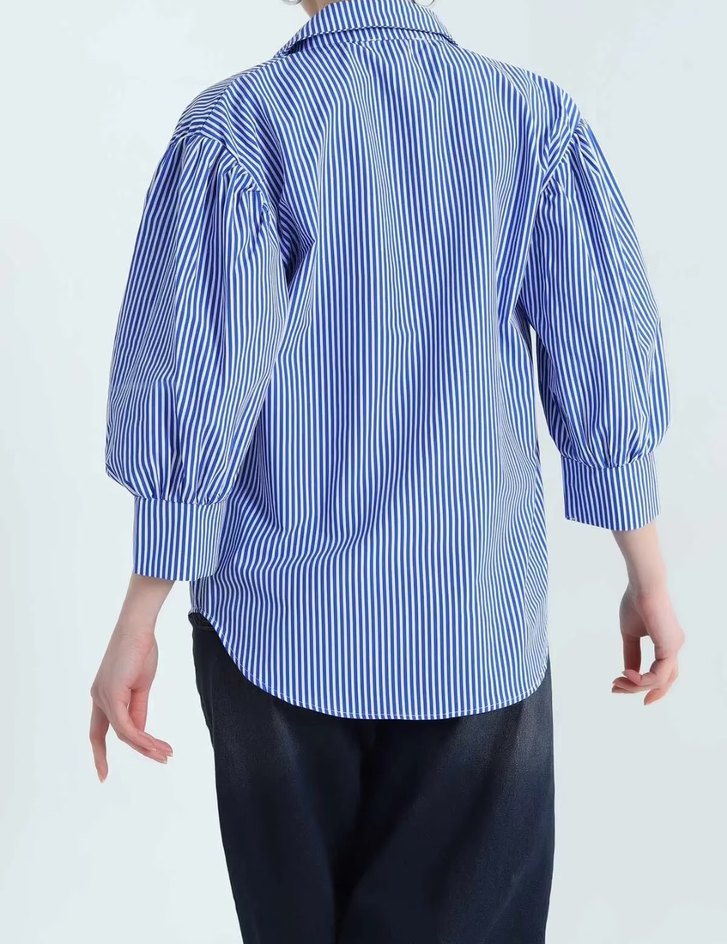 Kadın Mavi Çizgili Balon Kol Poplin Gömlek - Görsel 2