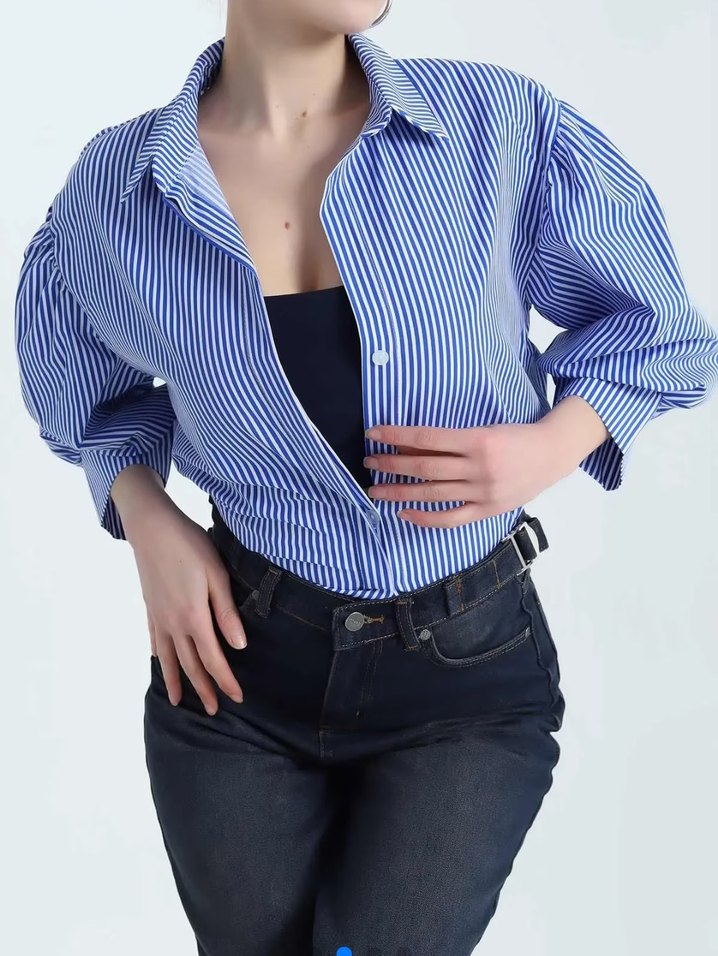 Kadın Mavi Çizgili Balon Kol Poplin Gömlek - Görsel 4