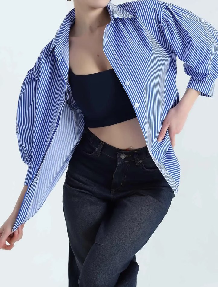 Kadın Mavi Çizgili Balon Kol Poplin Gömlek - Görsel 3