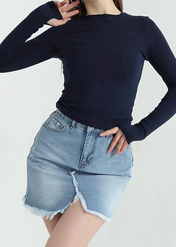 Kadın Oysho Kumaş Lacivert Uzun Kollu Basic Bluz - Görsel 2