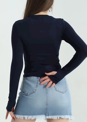 Kadın Oysho Kumaş Lacivert Uzun Kollu Basic Bluz - Görsel 3