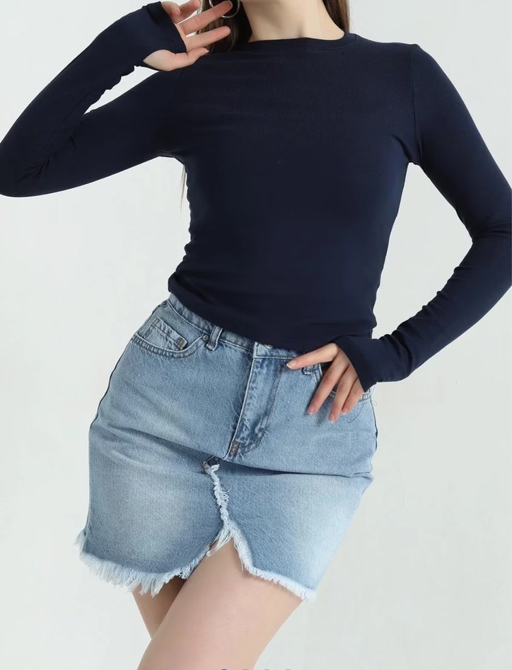 Kadın Oysho Kumaş Lacivert Uzun Kollu Basic Bluz - Görsel 2