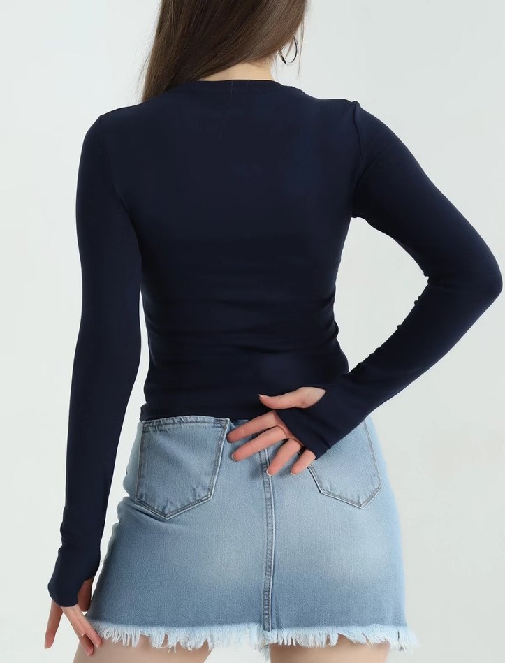 Kadın Oysho Kumaş Lacivert Uzun Kollu Basic Bluz - Görsel 3