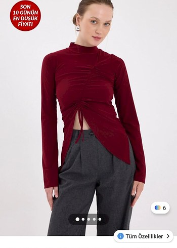 Bordo büzgü detaylı balıkçı yaka kadın bluz - Görsel 3